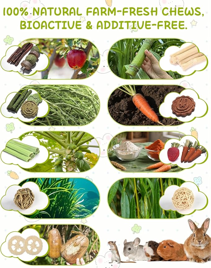 40 PCS Rabbit Chew Toys for Teeth, Natural Bunny Chew Toys Carrot, Strawberry, Timothy Grass Cake, Sweet Bamboo, Apple Sticks for Hamsters, Guinea Pigs and Chinchilla for Dental Care & Relieve Boredom