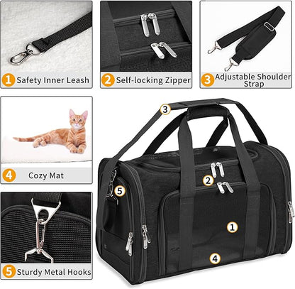 Soft-Sided Cat/Dog/Pet Carrier, Collapsible Pets Travel Carriers for Big Cats/Small Dogs with Shoulder Strap & Removable Mat, Mesh Puppy Carry Bag, Up to 16 Lbs, TSA Airline Approved(Black)