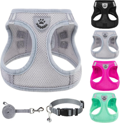 PUPTECK Adjustable Dog Harness Collar and Leash Set Step in No Pull Pet Harness for Small Medium Dogs Puppy and Cats Outdoor Walking Running, Soft Mesh Padded Reflective Vest Harnesses, Solid Grey L