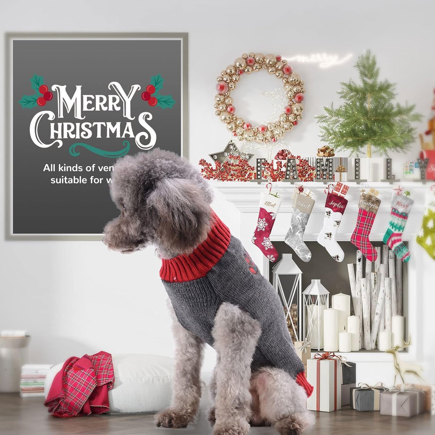 PETCARE Reindeer Christmas Dog Sweater Gray Cat Sweater Vest Cartoon Elk Pet Holiday Dog Clothes Puppy Sweaters for Small Medium Large Dogs Cats Fall Winter Outfits Xmas Dogs Costume,Large