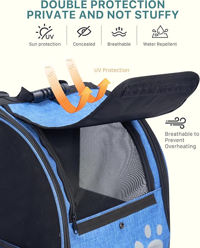 Cat Backpack Carrier with Comfort Handle, Ventilated Cat Backpack with Reflective Strips, Foldable Cat Carrying Backpack for Cats up to 17 lbs and Small Dogs up to 13 lbs (Blue)