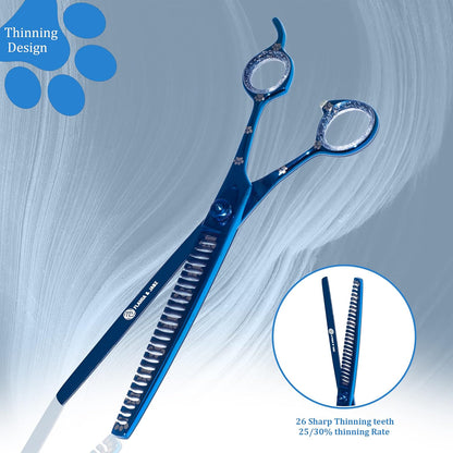 Professional Dog Grooming Chunker Shears/Scissors with Paw Prints for Dogs, Cats & Pets (Right Handed, Blue, Stainless Steel 8 Inch)