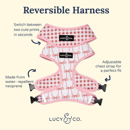 Lucy & Co. Cute Reversible Dog Harness Walking Halter - Best Designer Pet Harnesses for XS - XL Dogs - Padded Adjustable Vest for Easy Walking (Small, Ballet Bows - White & Pink Bows)
