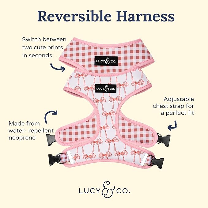 Lucy & Co. Cute Reversible Dog Harness Walking Halter - Best Designer Pet Harnesses for XS - XL Dogs - Padded Adjustable Vest for Easy Walking (X-Small, Ballet Bows - White & Pink Bows)