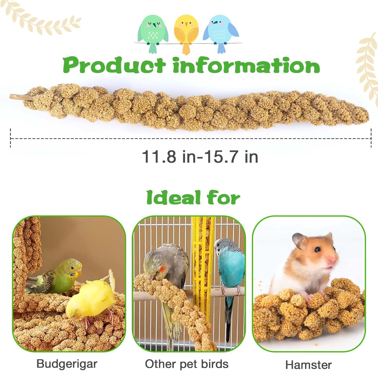 Millet for Birds 1.2LB, Natural Sun-Dried Spray Seed No Stems Only Edible Tops for Parakeet, Budgies, Finches, Cockatiels, Parrots, Lovebird, Hamster and Other Pets Treat