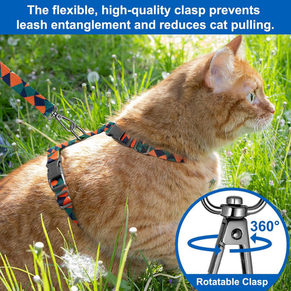 Cat Harness and Leash Set with Matching Collar – Escape Proof Harness for Cats, Adjustable & Lightweight, Geometric Print, Easy Wear for Outdoor Walking & Training