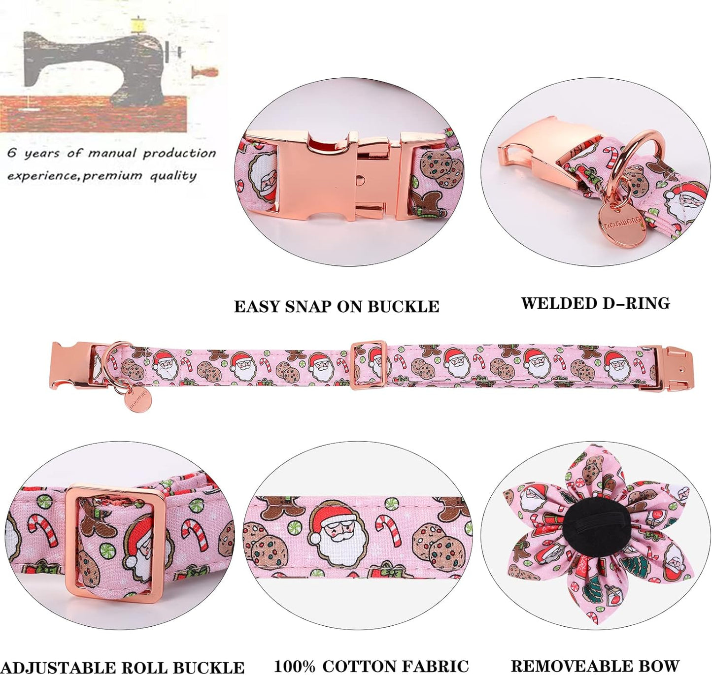 DOGWONG Christmas Dog Collar with Flower, Pink Santa Claus Dog Collar Gingerbread Man Soft Durable Adjustable Cotton Cute Girl Puppy Collar for Small Medium Large Dog