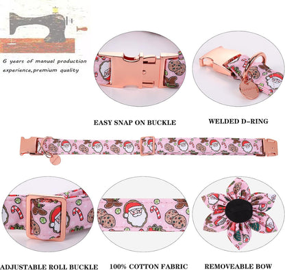 DOGWONG Christmas Dog Collar with Flower, Pink Santa Claus Dog Collar Gingerbread Man Soft Durable Adjustable Cotton Cute Girl Puppy Collar for Small Medium Large Dog