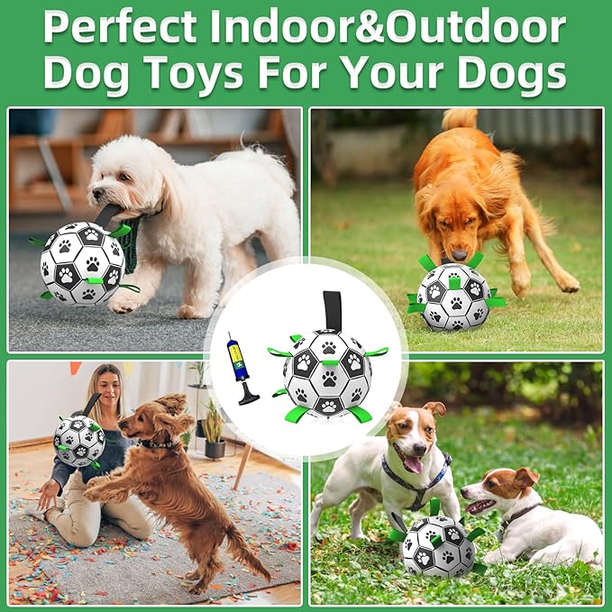 QDAN 2 PCS Dog Toys Soccer Ball Set with Straps, Interactive Dog Toys for Tug of War, Puppy Birthday Gifts, Dog Water Toy, Durable Dog Balls for Medium & Large Dogs（6 & 8 Inch）