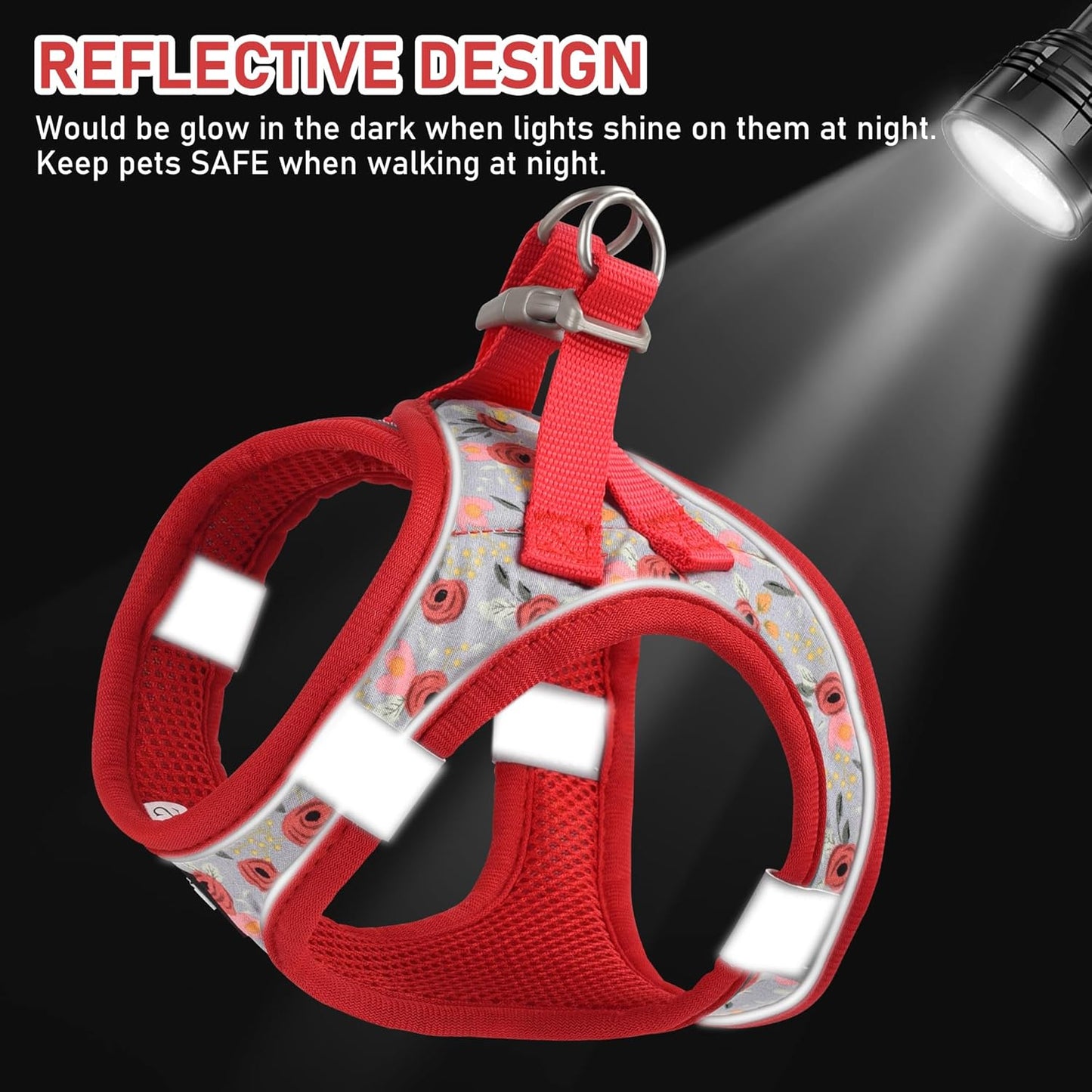 GAMUDA Small Dog Harness Collar and Leash Set, Step in No Chock No Pull Soft Mesh Adjustable Dog Vest Harnesses Plaid Reflective for Dogs Puppy Cats Kitten Rabbit (Red Flower, XXS)