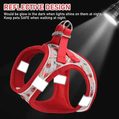 GAMUDA Small Dog Harness Collar and Leash Set, Step in No Chock No Pull Soft Mesh Adjustable Dog Vest Harnesses Plaid Reflective for Dogs Puppy Cats Kitten Rabbit (Red Flower, XS)