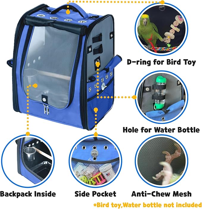 Birds Day Bird Carrier Backpack-Parrot Travel Cage with 2PCS Perch and Food Bowl, Stainless Steel Tray (Sky Blue)