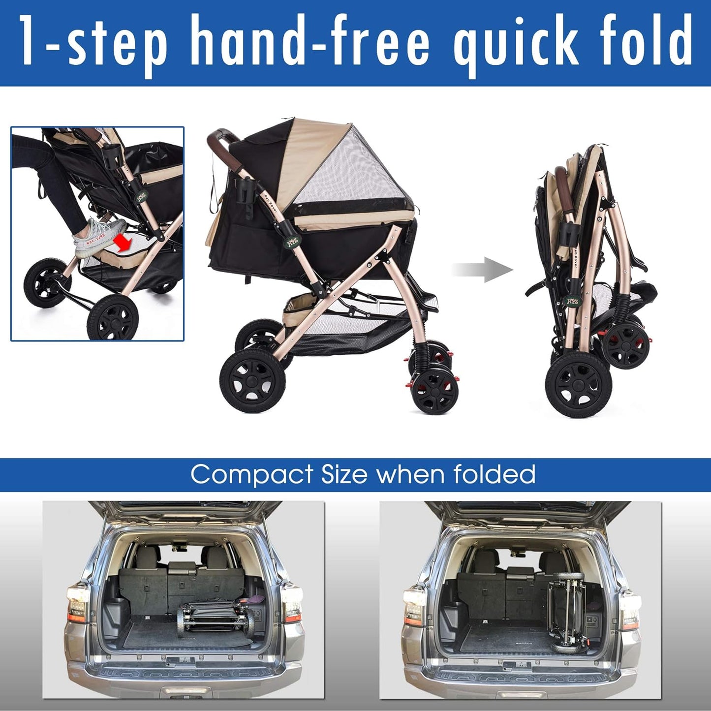 HPZ Pet Rover XL Extra-Long Premium Heavy Duty Dog/Cat/Pet Stroller Travel Carriage for Small, Medium, Large Pets (Taupe 2nd-Gen)