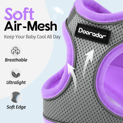 Dooradar Cat Harness and Leash Set, Escape Proof Lightweight Kitten Harness, Soft Breathable Reflective Vest for Outdoor Walking Traveling, Adjustable for Medium Cats, Grey & Purple, M