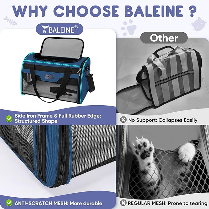 BALEINE Cat Carrier, Puppy Dog Carrier for Small Medium Pets Up to 22 Lbs, Soft-Sided Dog Travel Bag with Safety Zippers, Collapsible Pet Carrying Case (Blue, XL, 19"x12"x12")