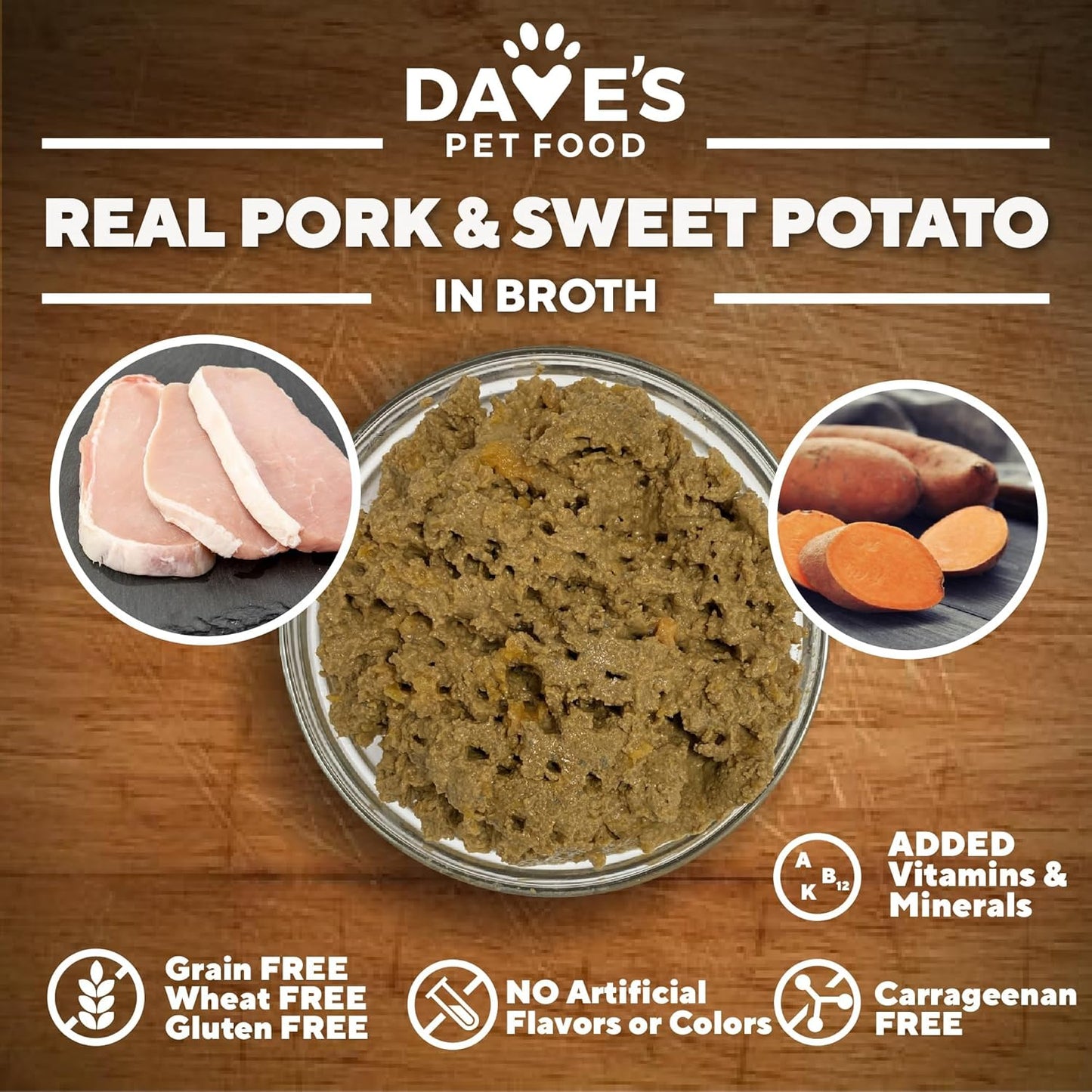Dave’s Dog Food Grain Free Dog Food Wet (Pork & Sweet Potato in Broth), Made in Canada Naturally Healthy Canned Topper, Gluten Free, 13.2 oz (12 Pack)