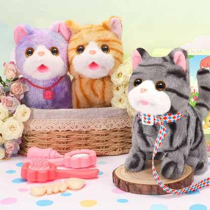 Plush Cat Toys for Kids with Leash, Interactive Plush Kitty Can Walk,Meow, and Wag Tail, Realistic Toys Pet Christmas Birthday Gifts for Boys and Girls