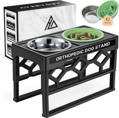 AVERYDAY Small Slow Feeder Dog Bowls Elevated, 4 Height Adjustable Raised Dog Bowl Stand with Stainless Steel Food and Water Bowl, Tall Dogs Feeding Station with Anti-Slip for Small Medium Breeds Dogs