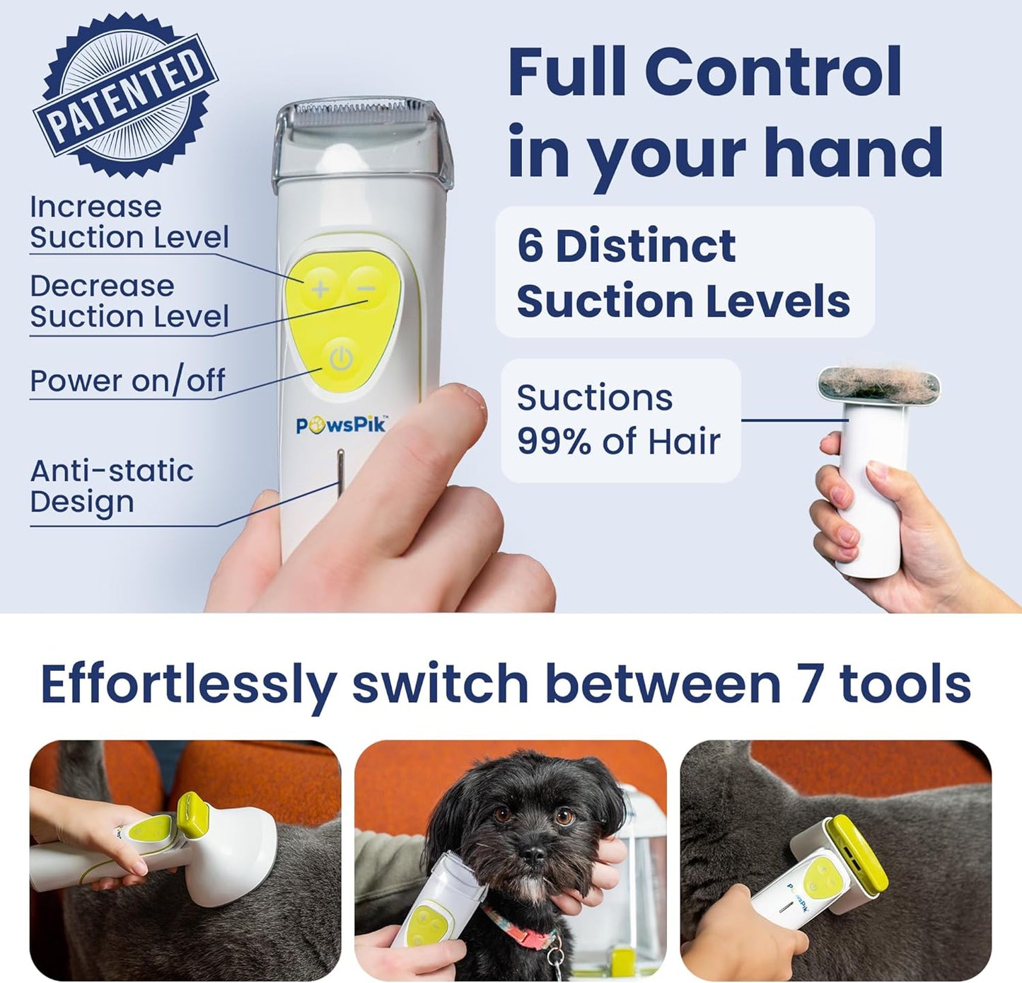 Professional Dog Grooming Vacuum Kit, Dogs & Cats, Direct Handheld Control, 7 Grooming Tools, Deshedding and Dematting for Grooming, Large 2.2L Dust Bin, UL, HEPA Filter