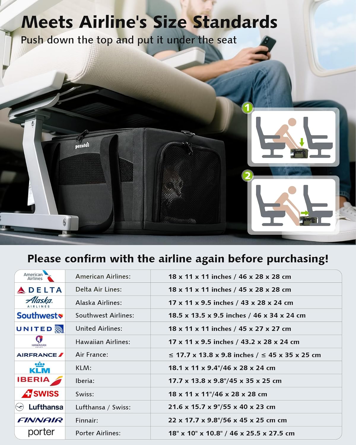 Pecute Expandable Pet Carrier Airline Approved Dog Cat Carrier, Breathable Soft-Sided with Locking Zippers, Pet Travel Bag for Small Dog Cat Anti-Scratch Mesh Leakproof Pee Pad (Dark Gray)