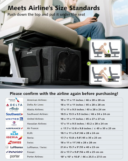 Pecute Expandable Pet Carrier Airline Approved Dog Cat Carrier, Breathable Soft-Sided with Locking Zippers, Pet Travel Bag for Small Dog Cat Anti-Scratch Mesh Leakproof Pee Pad (Dark Gray)