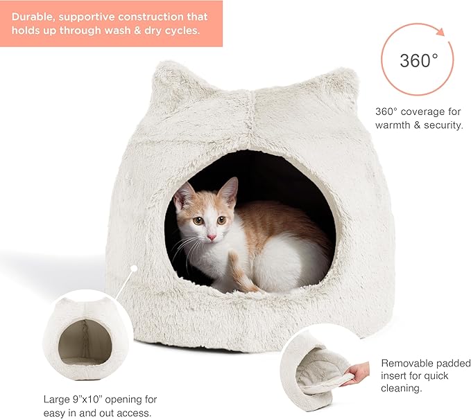 Best Friends by Sheri Meow Hut Fur Dome Pet Bed – Covered Cat Cave for Cats & Small Dogs up to 15 lbs, Faux Fur Hideaway with Water-Resistant Bottom, Machine Washable, Ivory