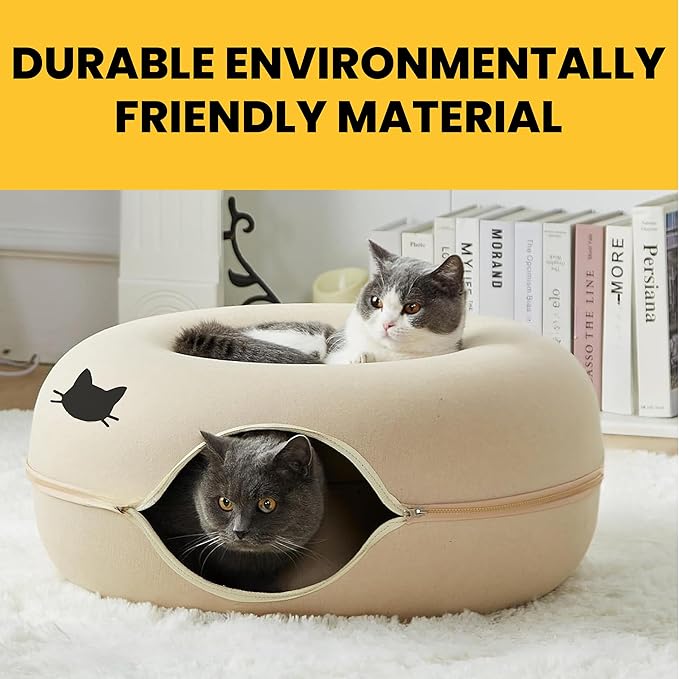 Laluz 2021 Large Cat Tunnel Bed for Multiple & Large Cats Up to 30 Lbs with 2 Toys, Scratch Resistant, Comfy Donut, Detachable & Washable Cat Donut Tunnel Bed (Beige)