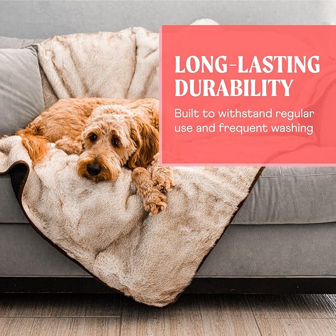PupProtector Waterproof Throw Blanket for Dogs and Cats, Pet Blanket Cover for Couches, Sofas, Beds, Car Seats, Furniture, Calming Soft Faux Fur, White with Brown Accents, Original (60" L x 50" W)