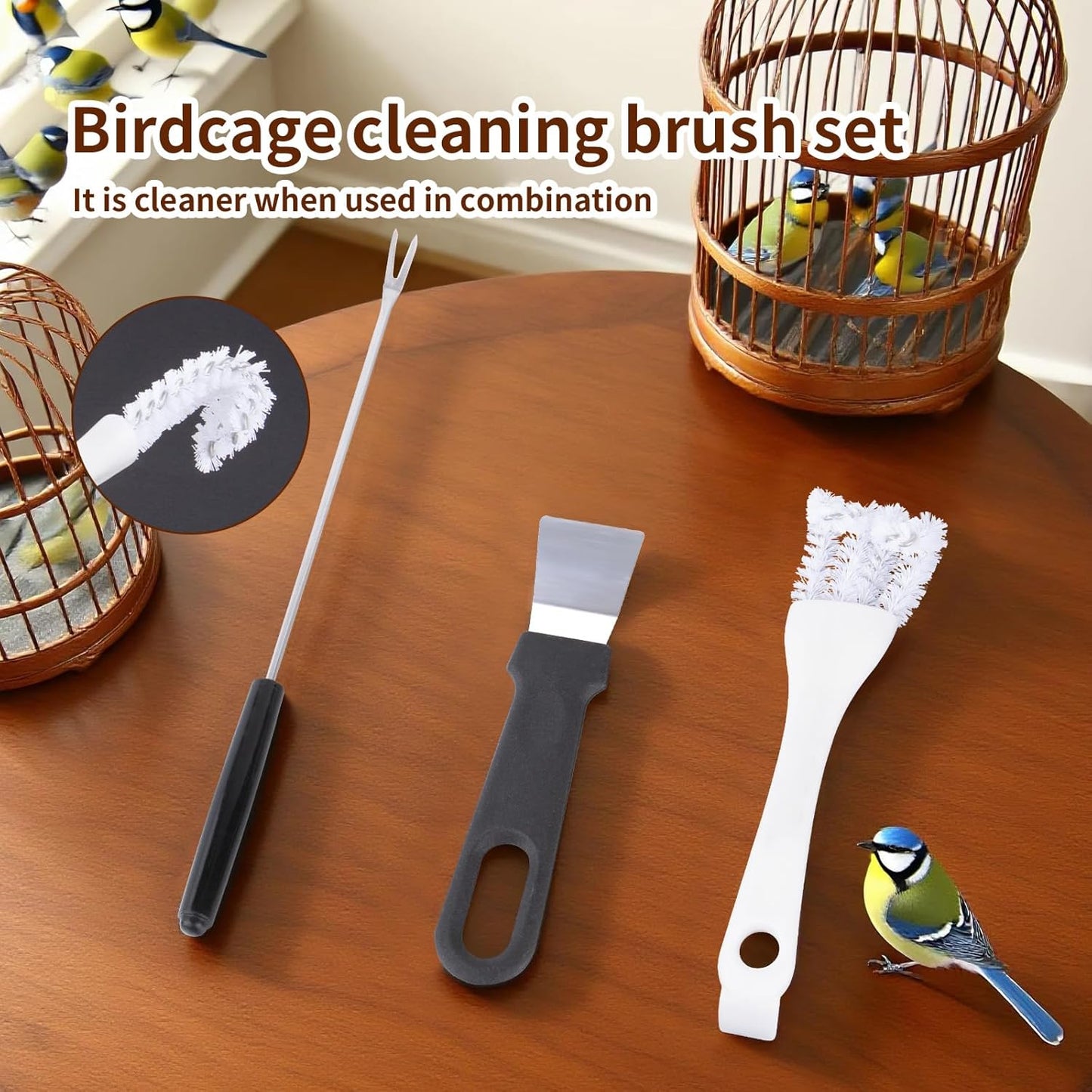 Bird Cage Cleaning Brush Tool Set, Bird Cage Cleaning Brush with Long Handle, Bird Cage Accessories, Bird Cage Cleaner Brush Kit,Poop Remover for Cleaning Poop in Pet Cages,Parrot Cages & Bird Perches
