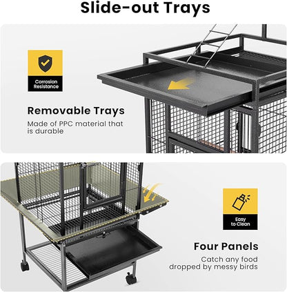 VIVOHOME 72 Inch Wrought Iron Large Bird Cage with Play Top and Stand for Parrots Lovebird Cockatiel Parakeets Black