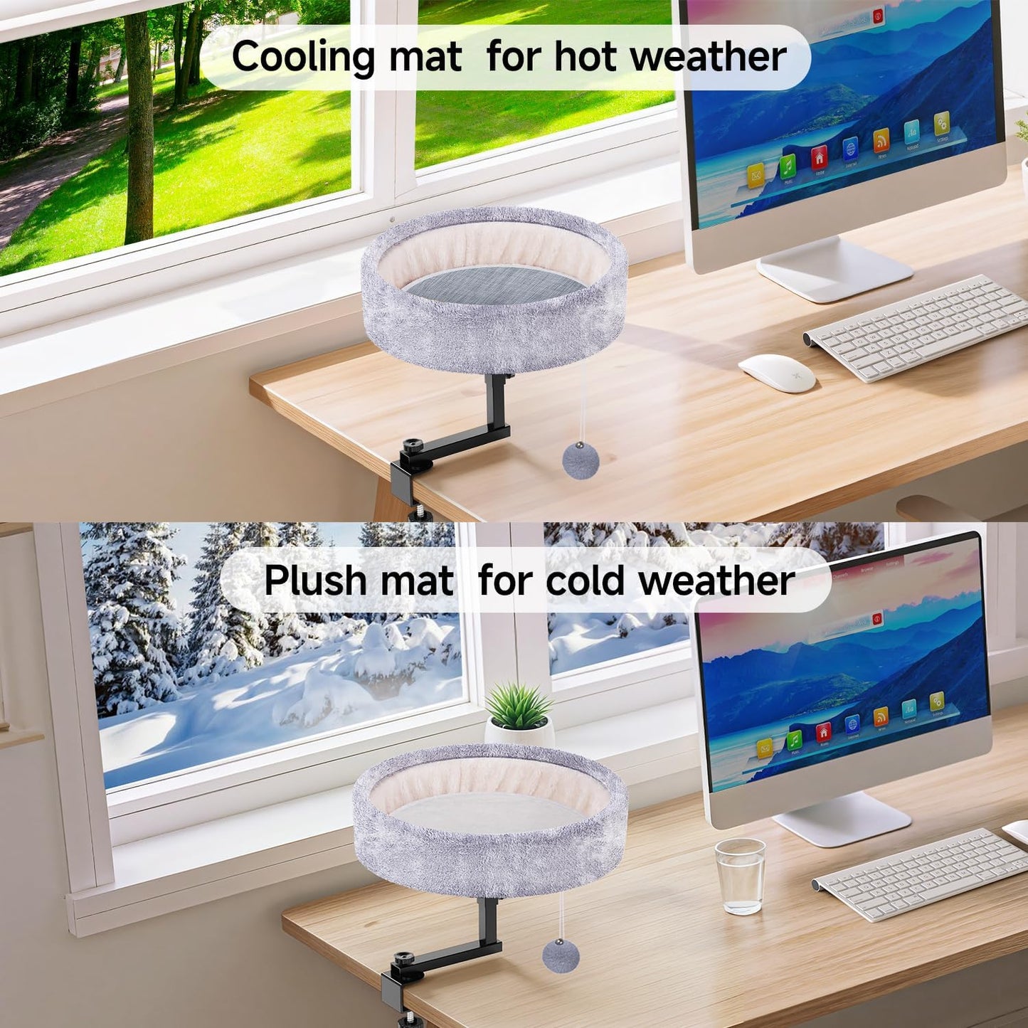 Cat Desk Bed - 360° Rotating & Adjustable, Supports 44 lbs, Soft Faux Fur with Dual-Sided Reversible Mat, Modern Indoor Cat Nest Furniture for Office Desks and Game Tables, Island Table