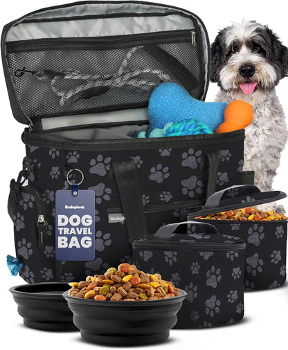 The Original Doggy Bag™- Dog Travel Bag for Supplies - Ultimate Gift for Dog Moms & Dads, Doggy Lovers & Pet Owners for Christmas- Includes 2 BPA-Free Travel Bowls and 2 Food Containers: Paw Print