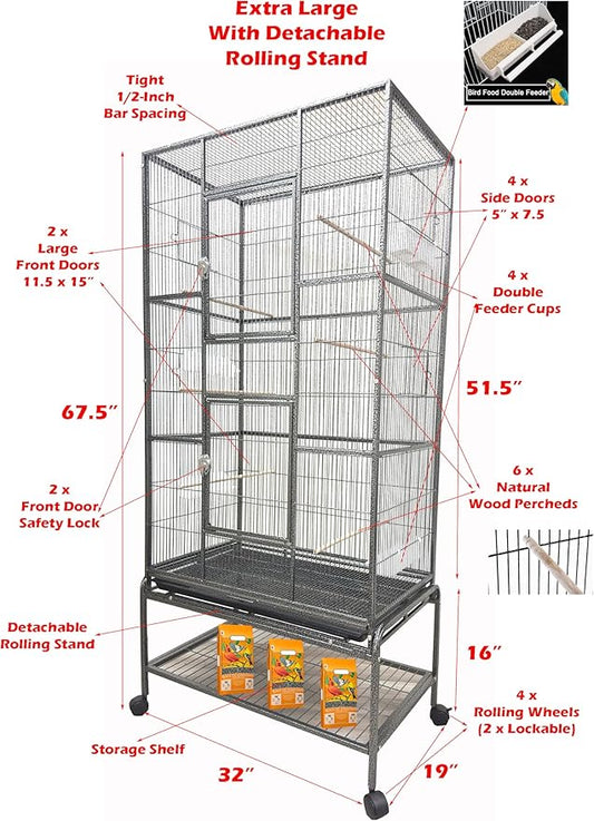 Extra Large Tall Wrought Iron Tight Bar Spacing Breeding Flight Canary Parakeet Cockatiel Lovebird Finch Metal Cage Side Nesting Box Doors with Removable Rolling Stand