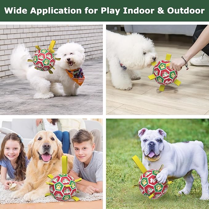 QDAN Christmas Dog Toys Balls, Puppy Toys, Soccer Ball with Straps (8 Inch)