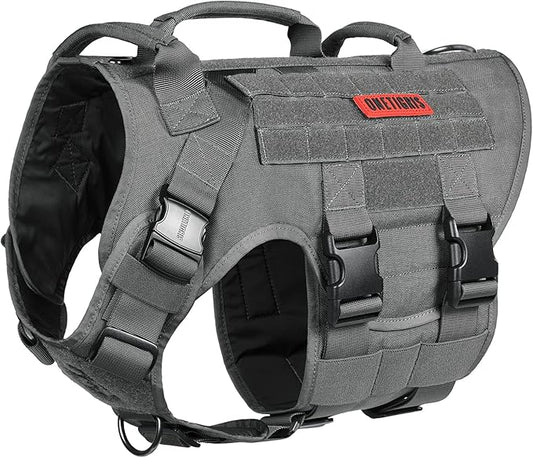 OneTigris Large Tactical Dog Harness, No Pulling Adjustable Dog Vest Harness, Heavy Duty Dog Harness with Handle, Large Hook and Loop Panels for Patch Grey