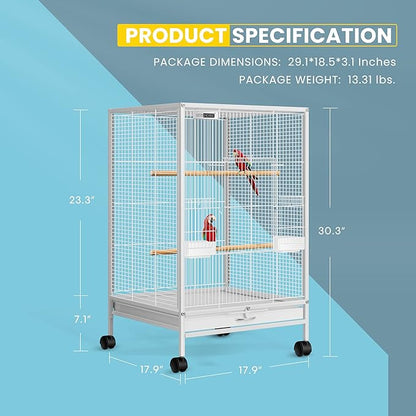 VIVOHOME 30 Inch Height Wrought Iron Bird Cage with Rolling Stand for Conures Lovebirds Cockatiels Finches, White