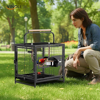VINGLI Bird Cage, 25 inch Wrought Iron Bird Travel Carrier, Cage with Handle for Parakeets, Parrot, Lovebirds, Finches, Small/Medium Birds