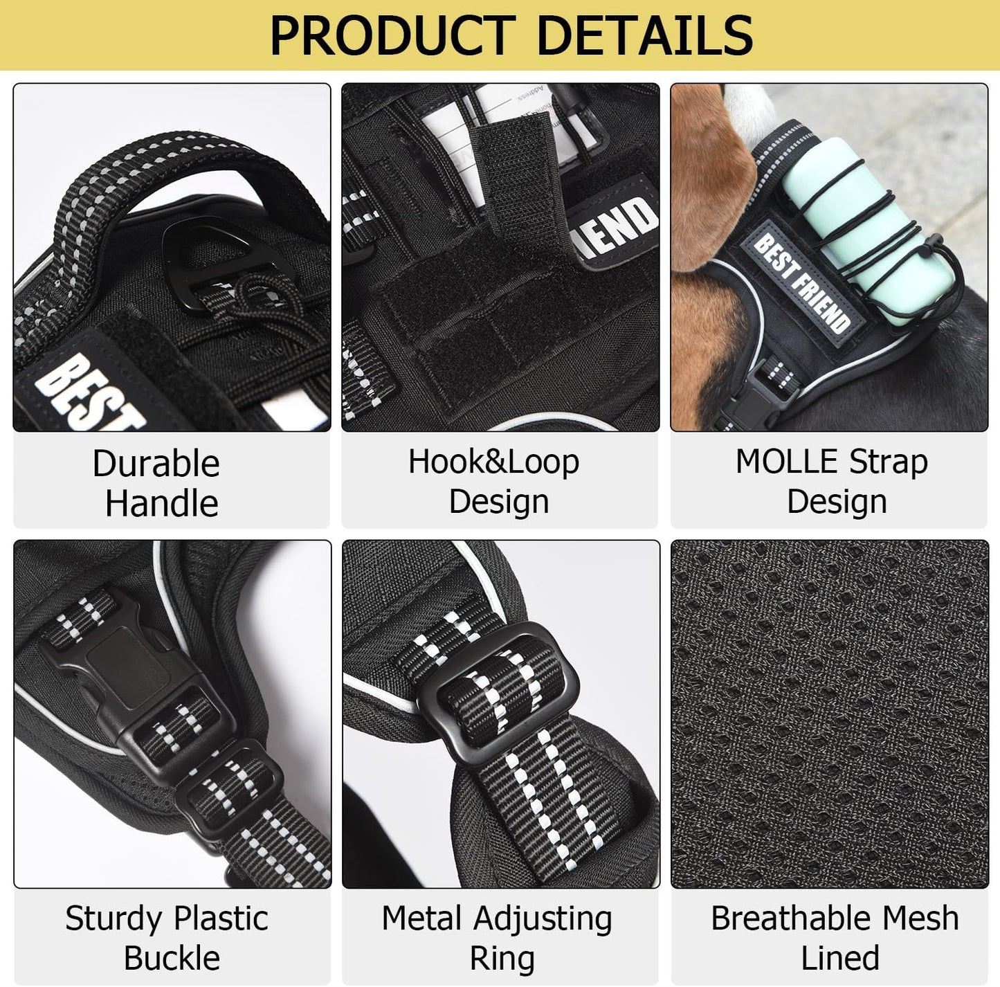 PET MARVEL Tactical Dog Harness for Small Size, No Pull Military Dog Vest with Easy Control Handle, Molle Hoop & Loop, Adjustable Reflective Reinforced Stich for Walking Training, Black