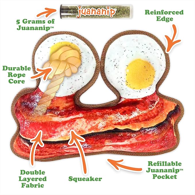 Doggijuana Tuffer Chewer Plush Dog Toy | Funny Dog Toy Plush with Juananip Catnip for Dogs | Calming Aid for Dogs | Interactive Squeaky Chew Toy for Play (Eggs & Bacon)