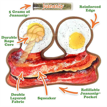Doggijuana Tuffer Chewer Plush Dog Toy | Funny Dog Toy Plush with Juananip Catnip for Dogs | Calming Aid for Dogs | Interactive Squeaky Chew Toy for Play (Eggs & Bacon)