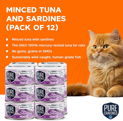Pure Cravings Minced Tuna and Sardines Wet Canned Cat Food, 100% Mercury-Tested, Moist Can Fish for Cats, Grain-Free, Protein, Non-GMO, 3oz, Pack of 12