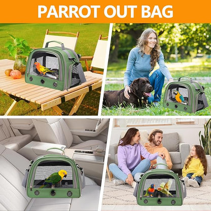 Bird Backpack,with Feeder Cups Tray Perch Portable Breathable Bird Carrier,for Small Birds Parrots Cockatiels (Green)