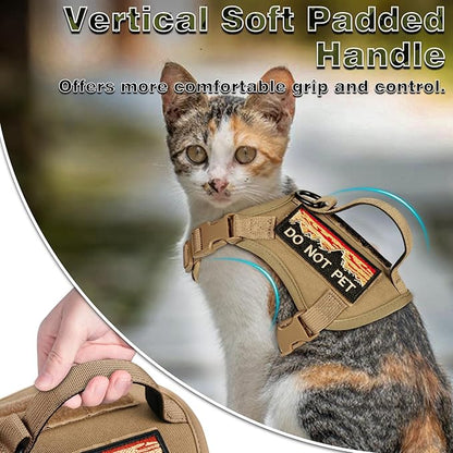 Tactical Cat Harness and Leash Set for Walking, Adjustable Escape Proof Pet Vest for Large Cat, Easy Control Breathable Vest with Handle，Molle Patches (Khaki+Leash, L)