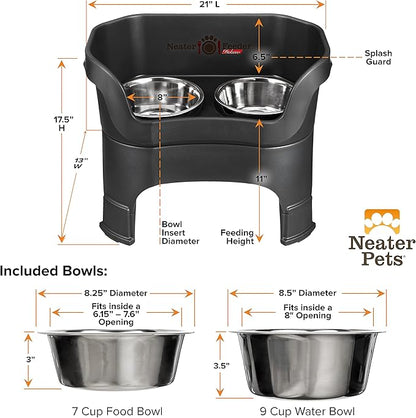 Neater Feeder Deluxe Mess Proof Dog Bowls Elevated for Large Dogs – Made in USA – No Spill Raised Dog Food Bowl Stand w/Leg Extensions – Stainless Steel Dog Food and Water Bowl Set – Black