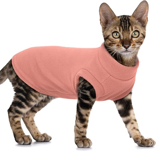 PUMYPOREITY Fleece Sphynx Cat Clothes, Warm Thick Cat Sweater, Soft Winter Coat for Hairless Cats, Cold Weather Pet Sweater for Dogs and Cats, Pink, L