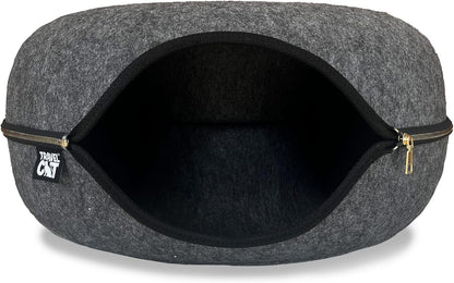 Travel Cat Tunnel Bed Cave - 21 Inch Large Premium Grey Round Donut Cat Cave for Indoor Cats, Kitten - Detachable Cat Hideaway Cat Bed with Tunnel for Playing, Scratching, Sleeping