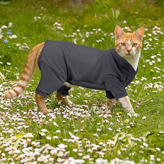 Sticky Hair Cat Clothes, Breathable & Lightweight, Reduces Shedding Fur Pajamas, Full Body Long Sleeve Surgical Bodysuit, Stop Licking & Shedding,Darkgrey,XS