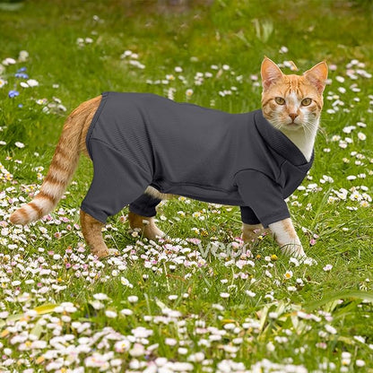 Sticky Hair Cat Clothes, Breathable & Lightweight, Reduces Shedding Fur Pajamas, Full Body Long Sleeve Surgical Bodysuit, Stop Licking & Shedding,Darkgrey,XS