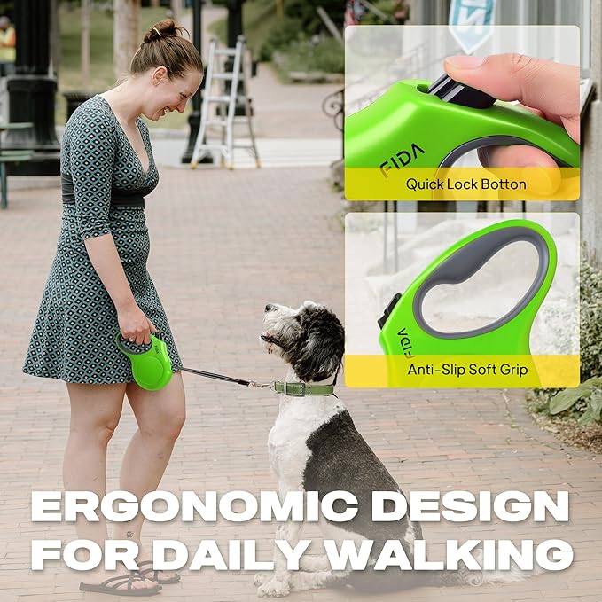 Fida Retractable Dog Leash, 16ft Heavy Duty Pet Walking Leash for Small Dog or Cat up to 26 lbs, Tangle Free. One-Hand Brake (Small, Green)