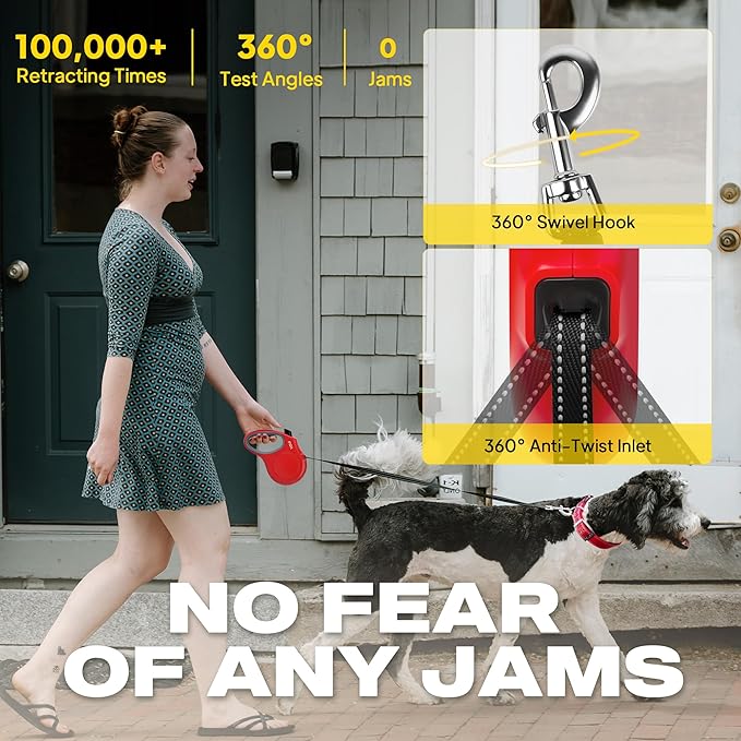 Fida Retractable Dog Leash, 16ft Heavy Duty Pet Walking Leash for X-Small/Small/Medium/Large Dog or Cat up to 110 lbs, Tangle-Free. One-Hand Brake (Large, Red)